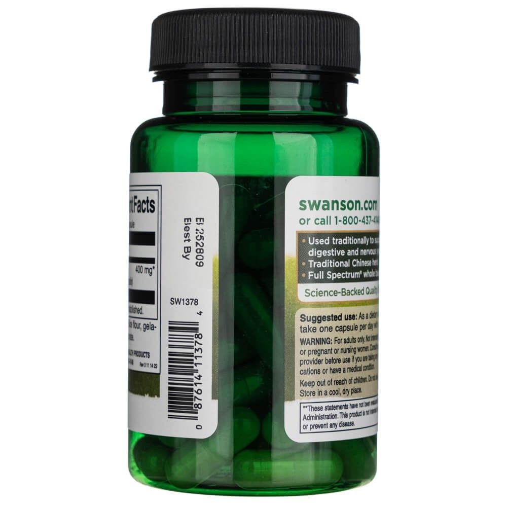 Rückseite einer Dose mit Swanson Magnolienrinde, Anwendungshinweisen und Website.