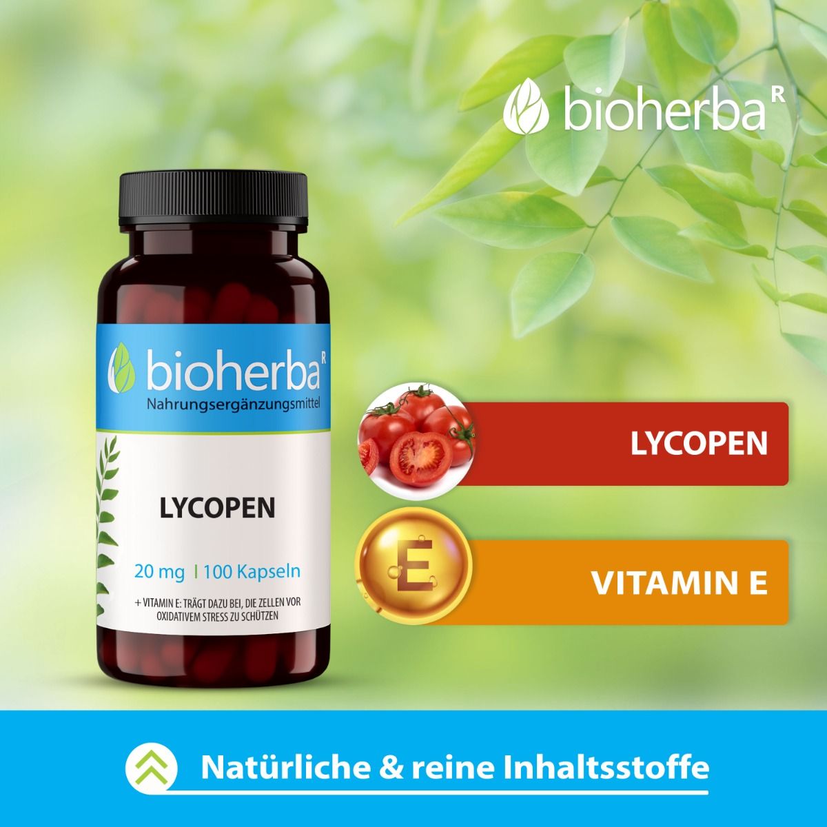 Braune Kapsel-Dose mit blauem Etikett. Aufschrift: Lycopen 20 mg | 100 Kapseln. Grafiken: Tomaten und Vitamin E.