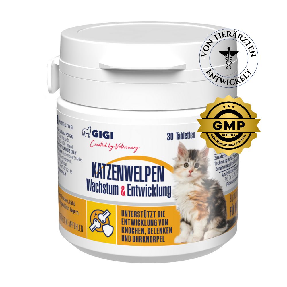 Weiße Dose mit GIGI Katzenwelpen Wachstum & Entwicklung. Aufschrift: 30 Tabletten. Siegel: Von Tierärzten entwickelt, GMP.