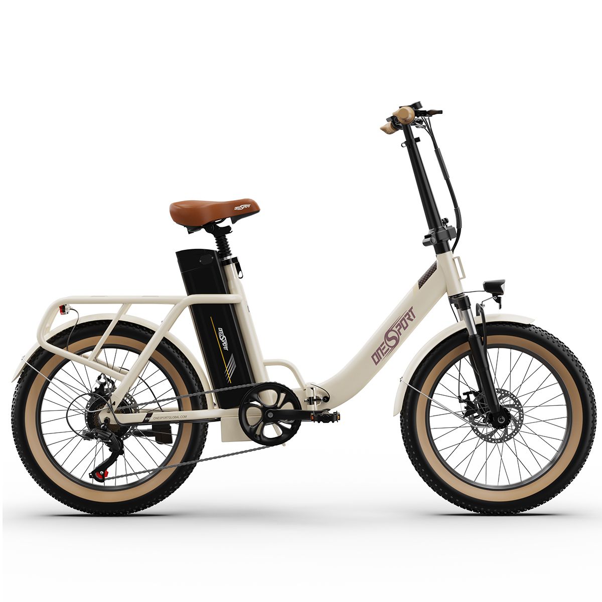 Beige Elektrofahrrad mit braunem Sattel und Reifen. Schwarzer Motor und Gepäckträger. Marke ONESPORT.