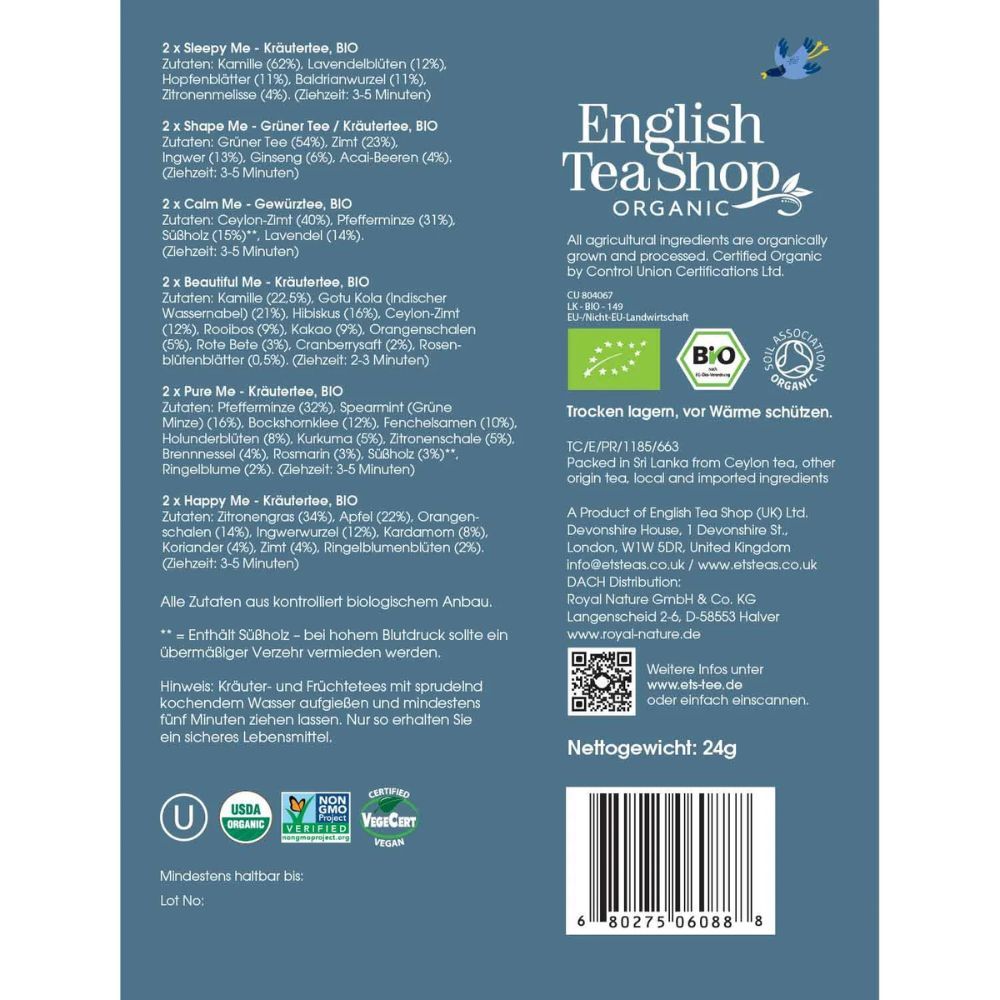 Rückseite der Verpackung. Enthält Zutatenlisten, Zertifizierungen und Informationen zu English Tea Shop Organic.