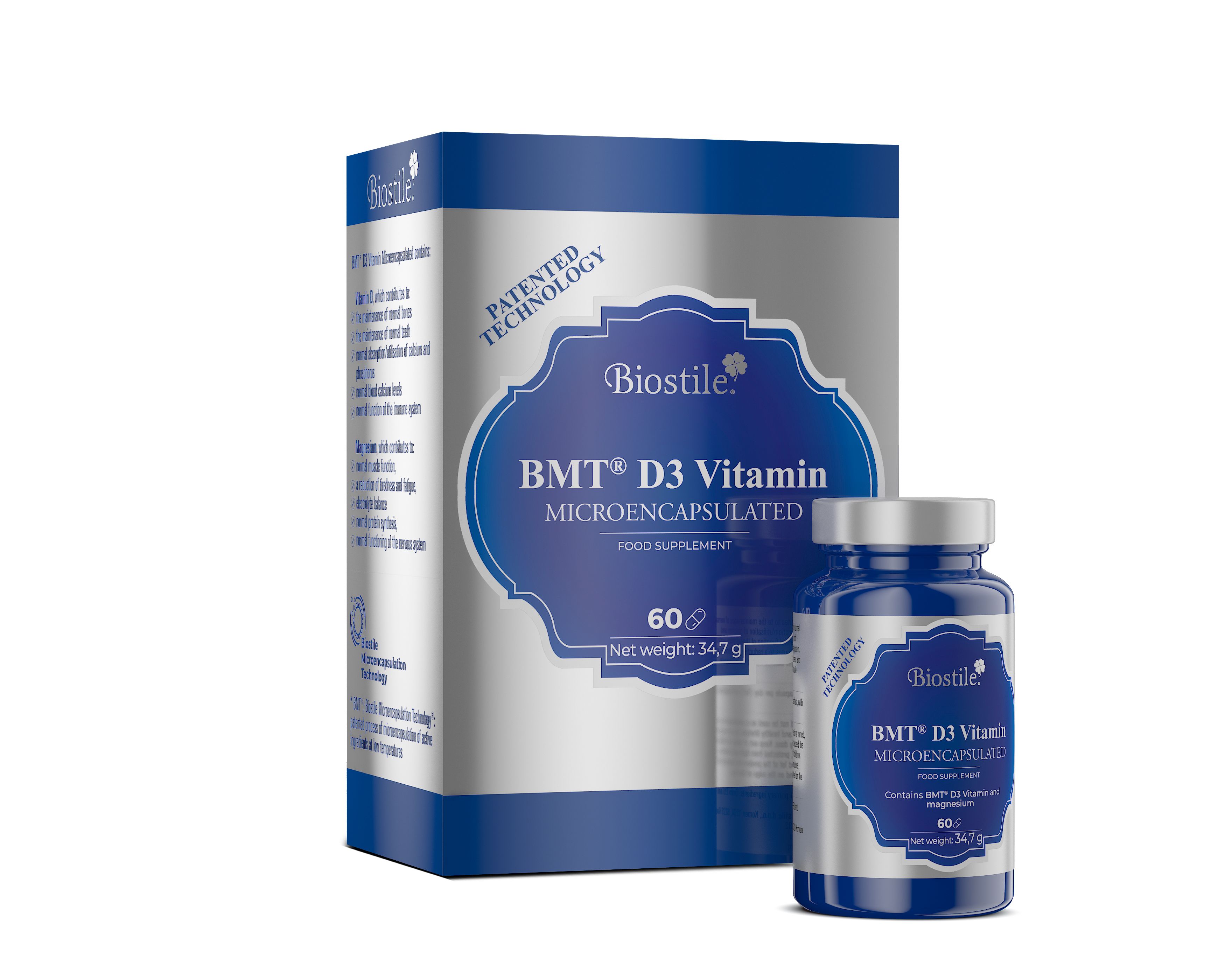 Dose und Flasche Biostile BMT D3 Vitamin Microencapsulated. Blaue Flasche mit Kapseln, Dose mit Produktinformationen.