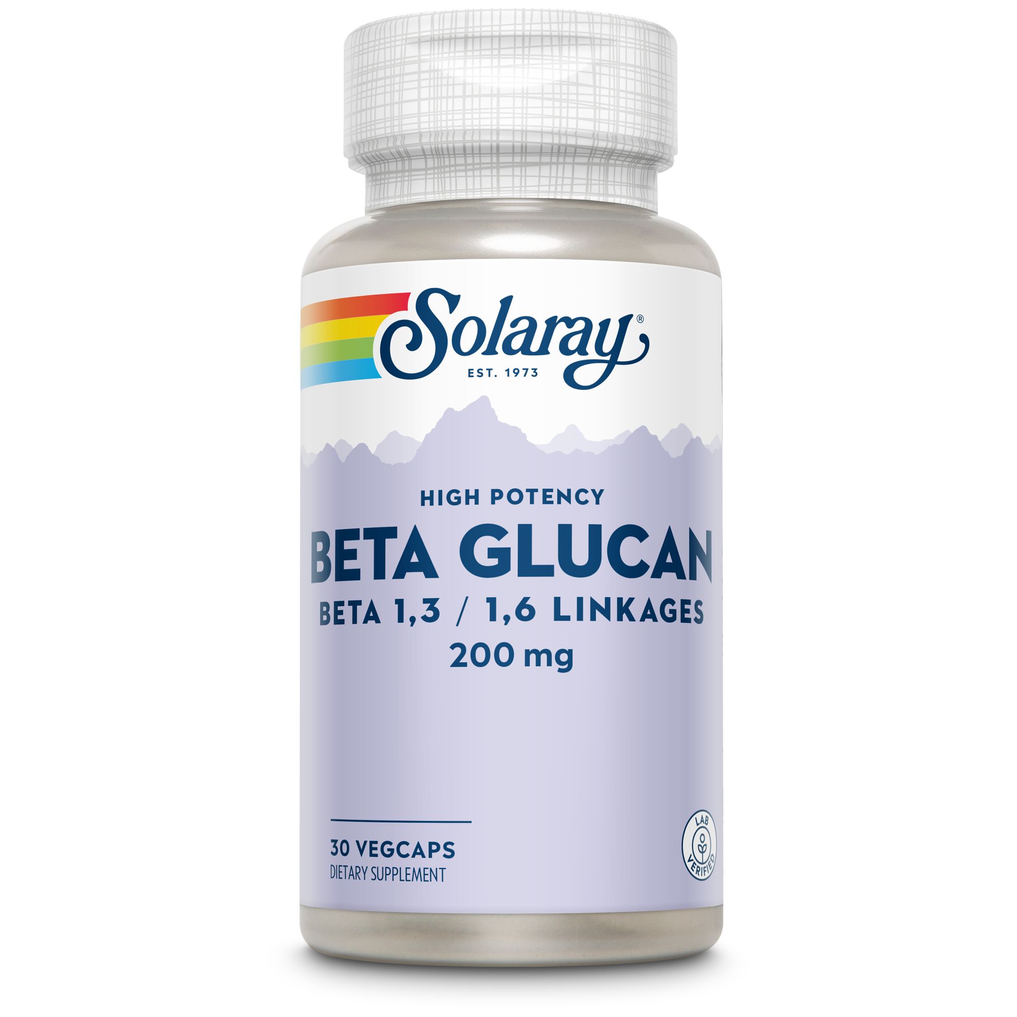 Solaray Beta Glucan Flasche. Weißer Deckel, Etikett mit Logo, Text: Beta Glucan 1,3/1,6 Linkages, 200 mg, 30 Vegcaps.