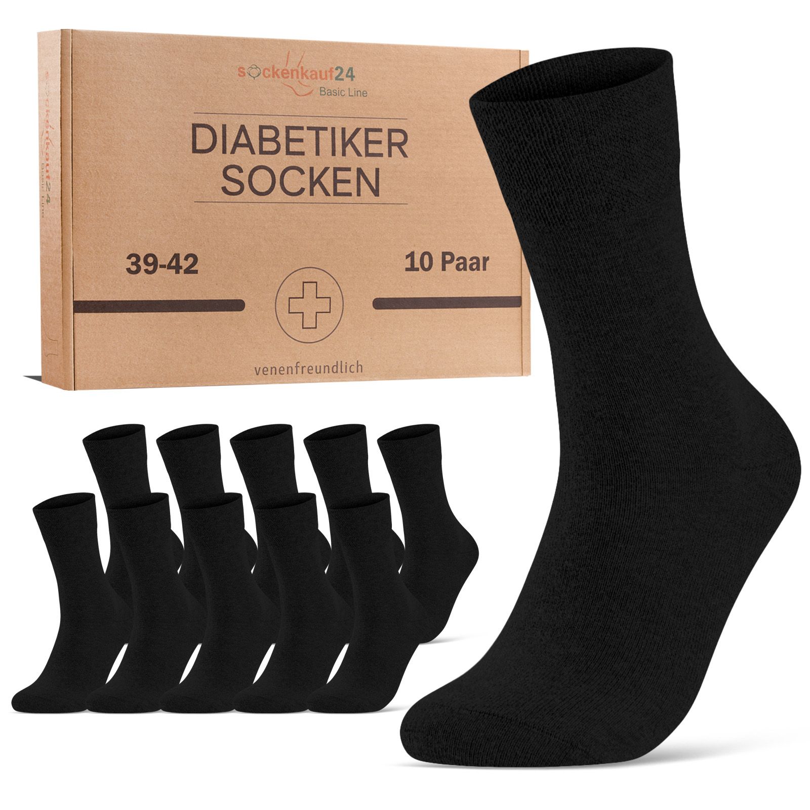 Schwarze Diabetiker Socken, 10 Paar, in Kartonverpackung. Größe 39-42. Venenfreundlich.