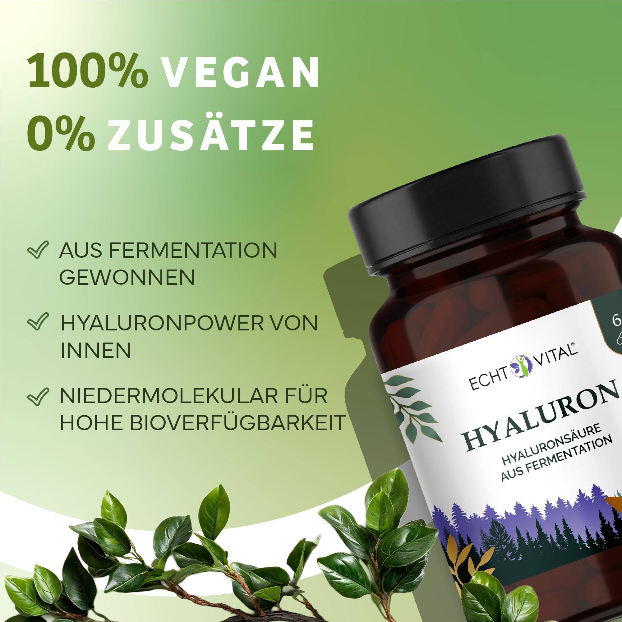 Braune Glasflasche mit schwarzem Deckel. Etikett mit Produktname und Logo. Text: 100% vegan, 0% Zusätze. Grünpflanzen im Vordergrund.