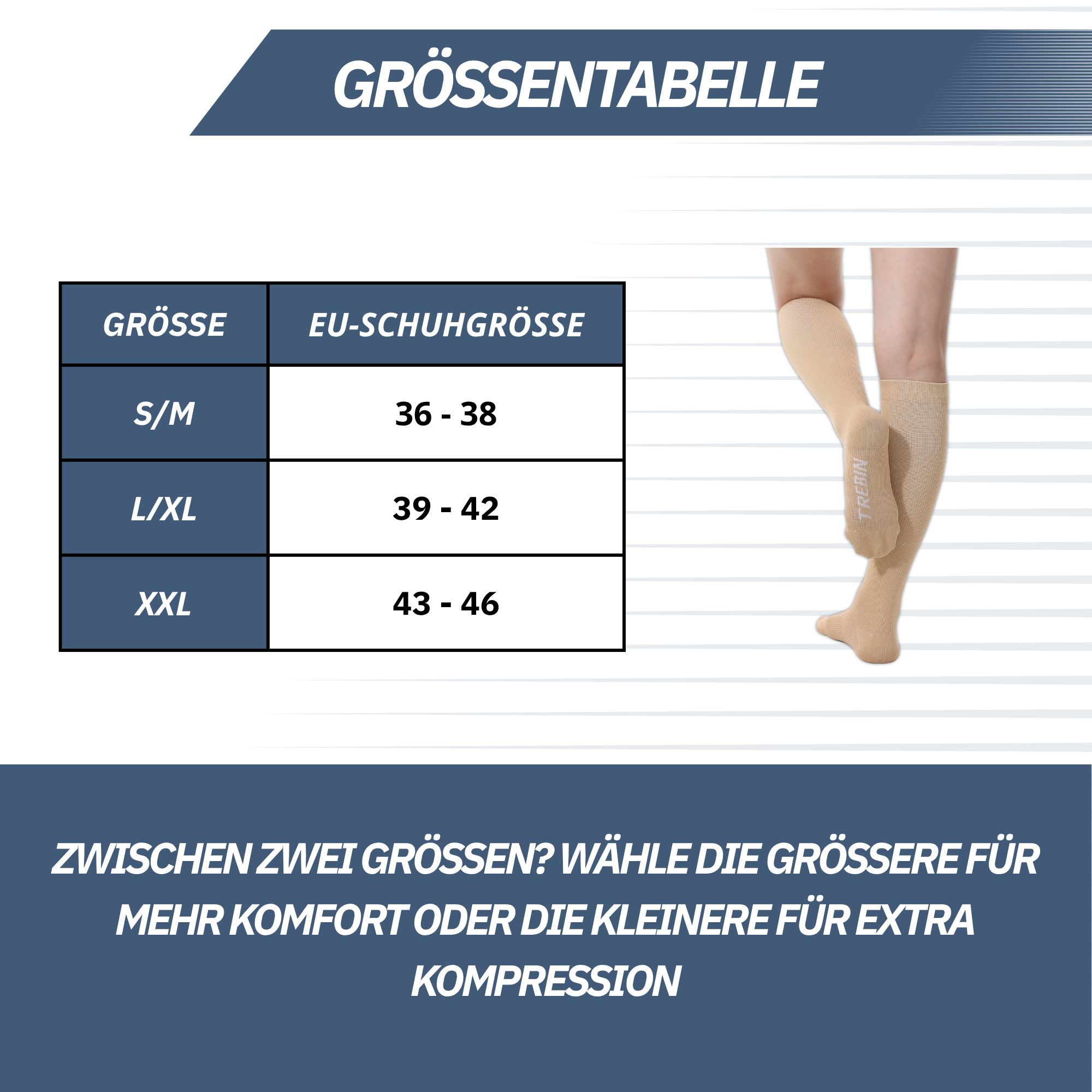 Größentabelle für Kompressionssocken: S/M (36-38), L/XL (39-42), XXL (43-46).