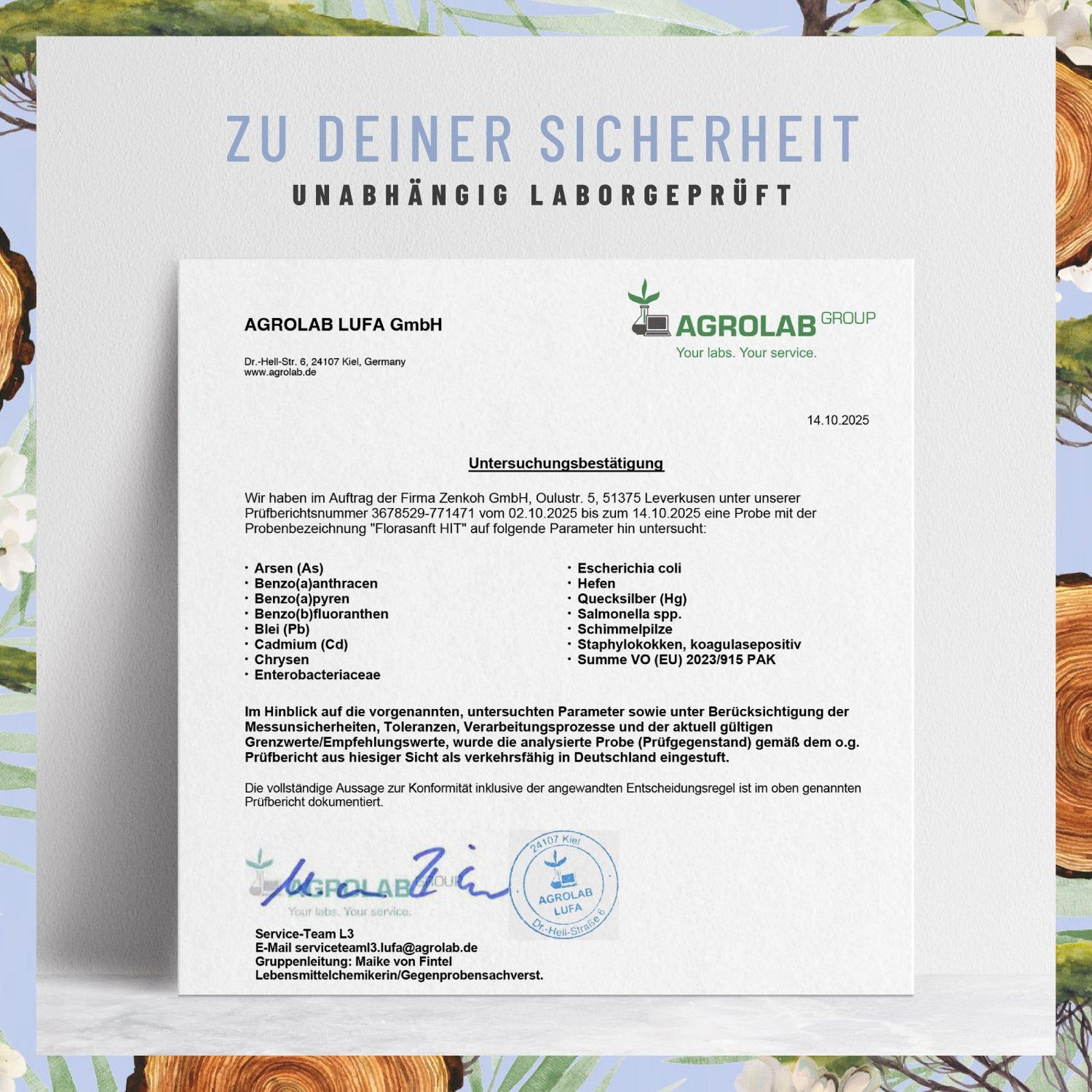 Zertifikat von AGROLAB LUFA GmbH. Text: Zu deiner Sicherheit. Unabhängig laborgeprüft. Analyseergebnisse für FLORASANFT HIT.