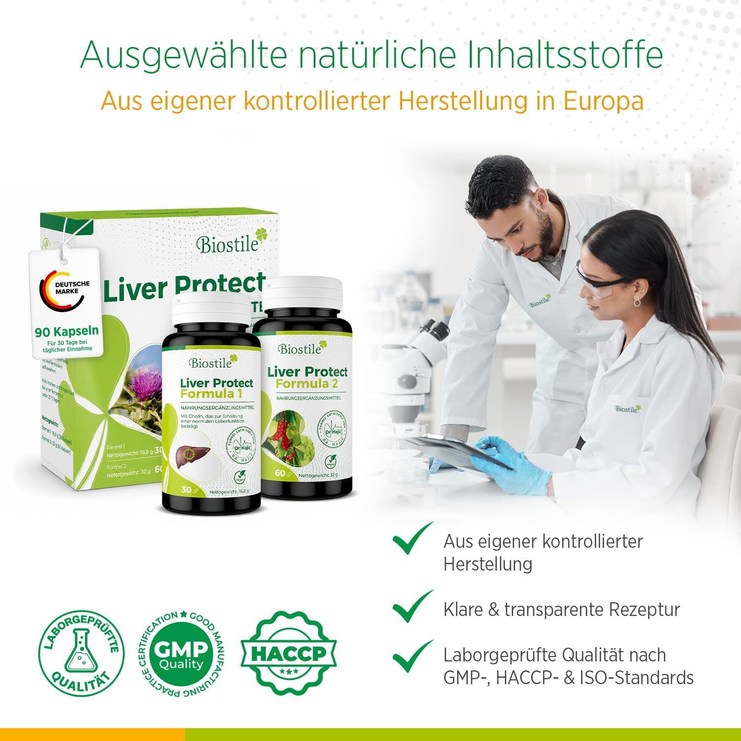 Biostile Liver Protect Produkte, Laborpersonal und Zertifikate.