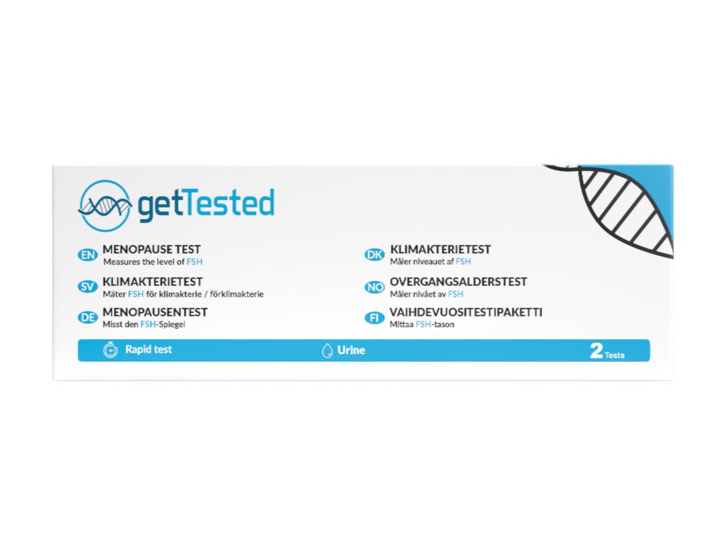 Verpackung mit dem Logo "getTested" und der Aufschrift "Menopause Test". Enthält zwei Tests. Aufschrift in mehreren Sprachen.