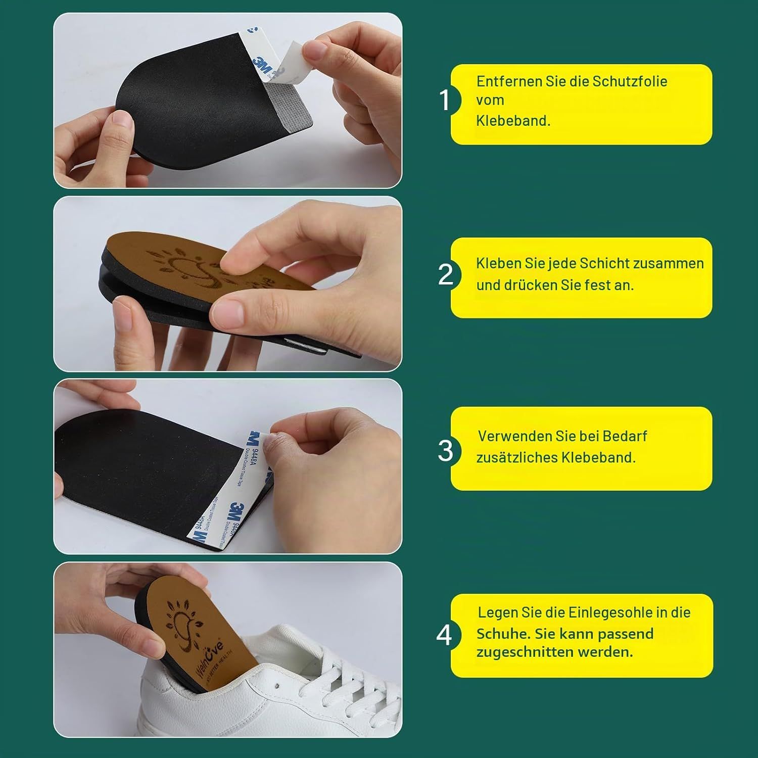 Schritt-für-Schritt-Anleitung zur Anbringung von Einlegesohlen mit Klebeband in einem weißen Sneaker.