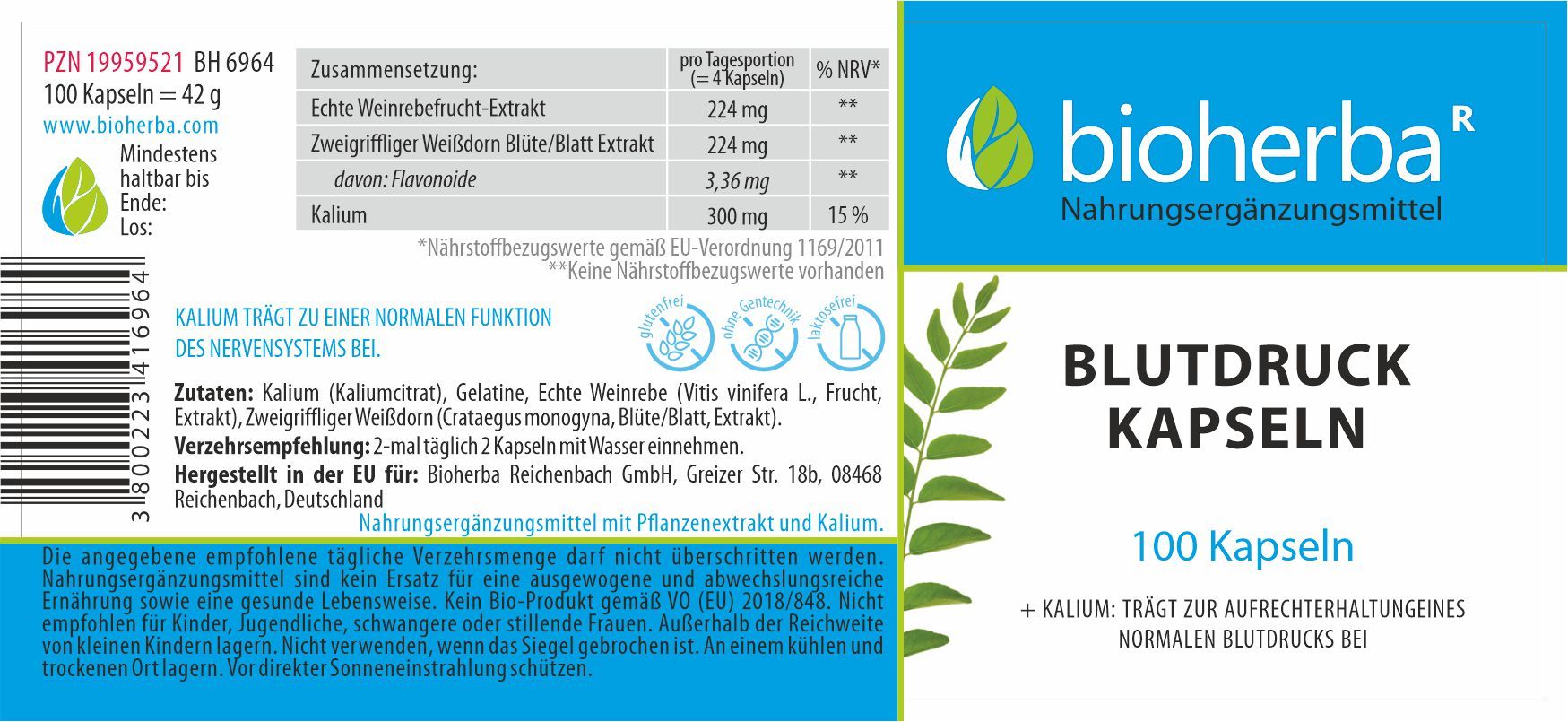Etikett mit Produktinformationen. Enthält Zutatenliste, Nährwertangaben und Herstellerinformationen. Text: Blutdruck Kapseln, 100 Kapseln.