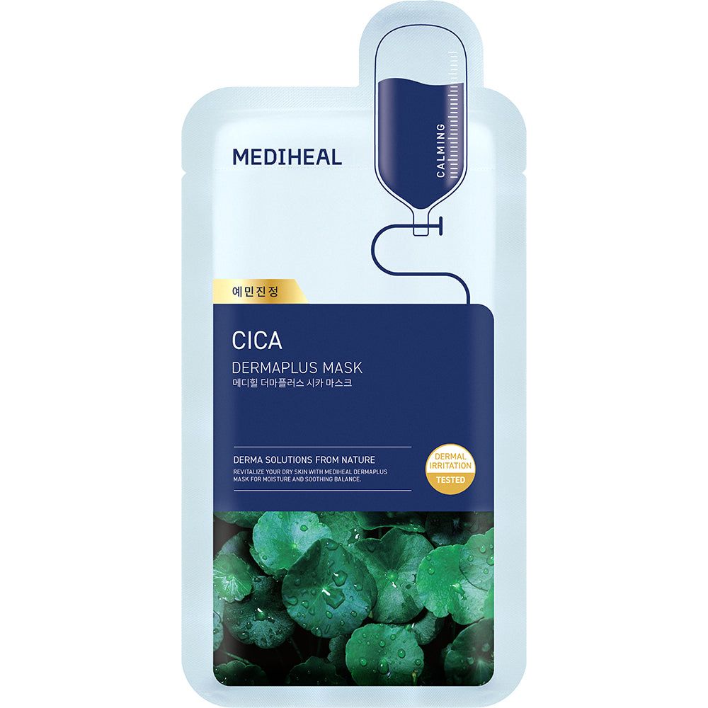Weiße Maskenverpackung mit blauem Streifen. Text: MEDIHEAL, CICA DERMAPLUS MASK. Abbildung von grünen Blättern. Mit Tropfendesign.