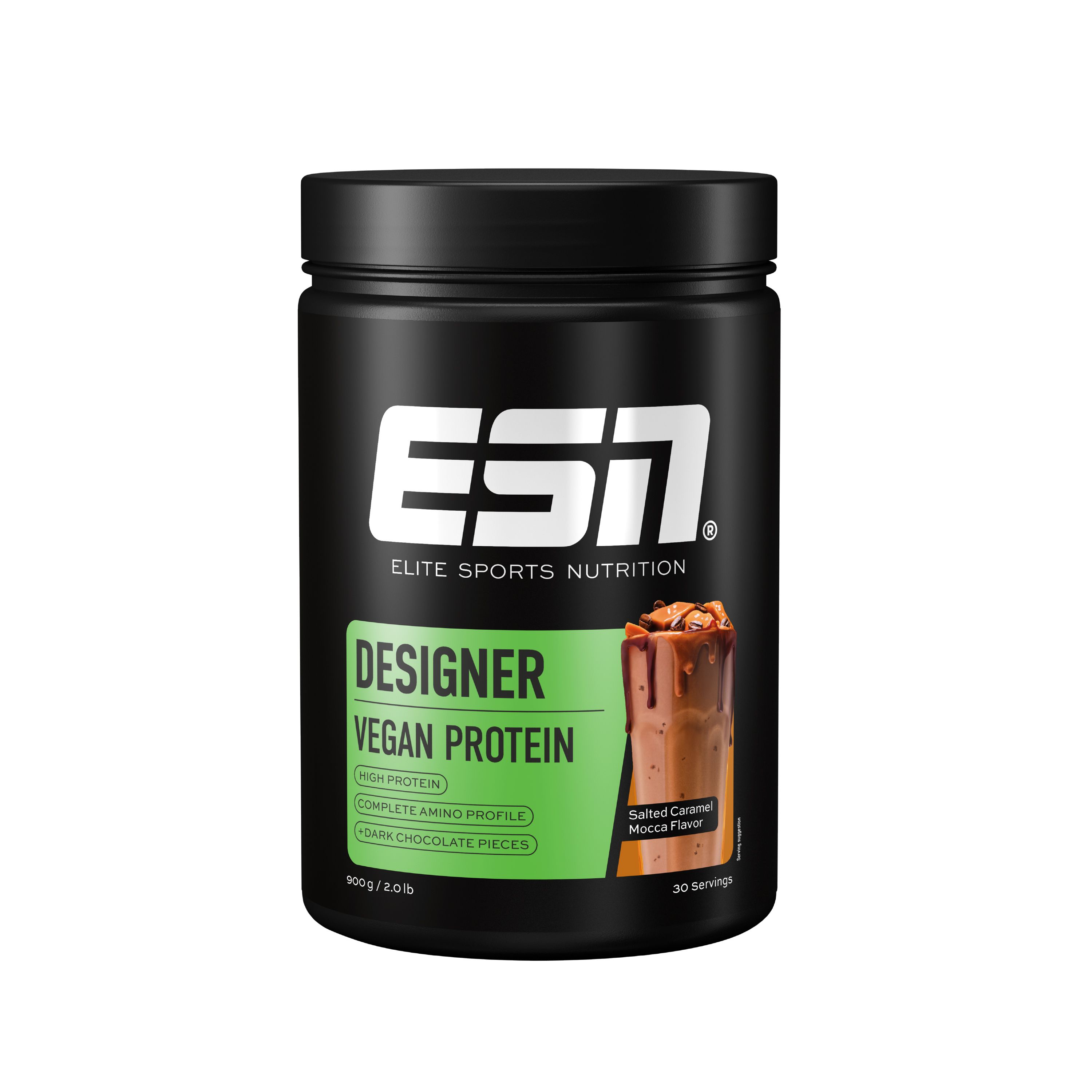 Schwarze Dose mit ESN-Logo und Produktbezeichnung. Aufschrift: Designer Vegan Protein. Abbildung eines Getränks. 30 Portionen.