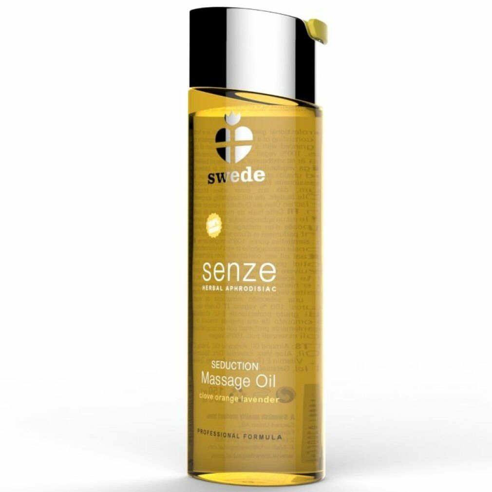 Zylindrische Flasche mit Massageöl. Aufschrift: Swede, Senze, Massage Oil. Deckel silberfarben.