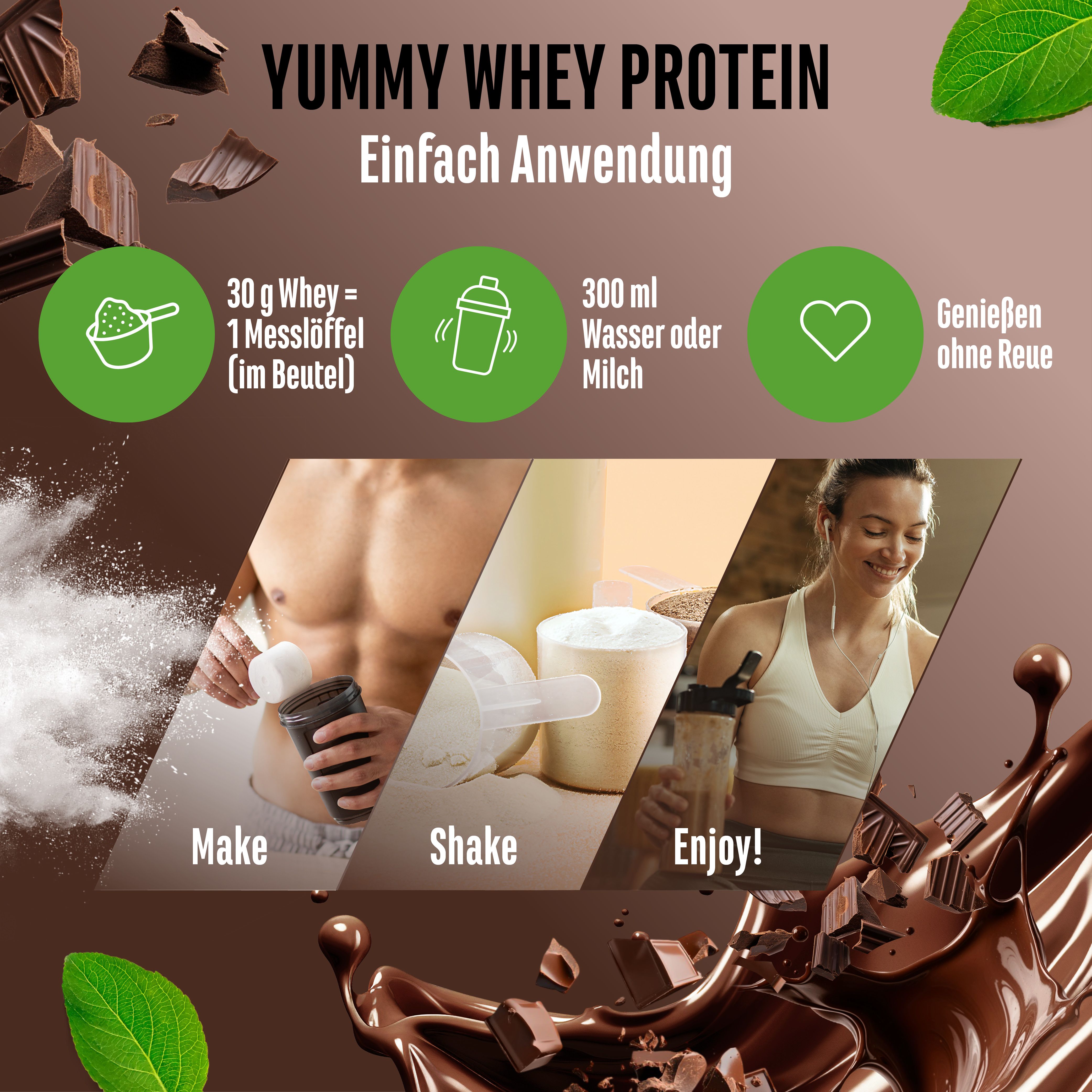 Anwendungsbeispiel "Yummy Whey Protein". Schritte: Make, Shake, Enjoy! Mit Abbildungen und Text.