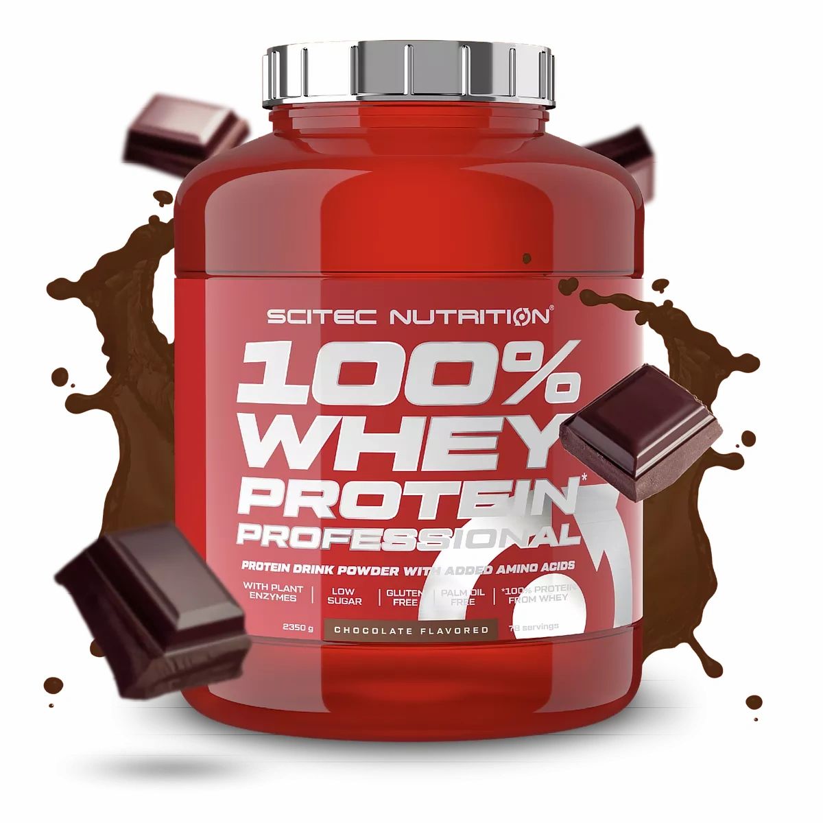 Rote Dose Scitec Nutrition 100% Whey Protein Professional. Schokoladenstücke und Schokoladenspritzer umgeben die Dose.