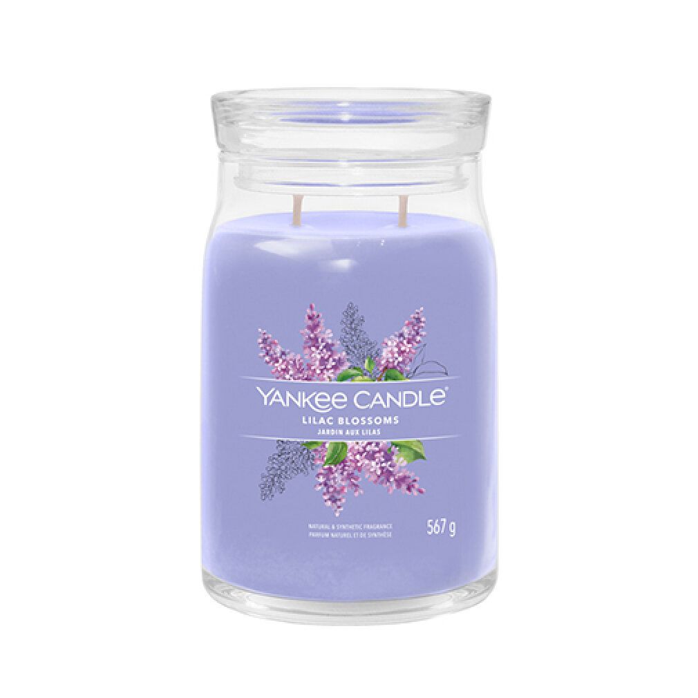 Glas-Duftkerze mit Deckel. Fliederblüten-Motiv und Schriftzug. 567g. Zwei Dochte. Marke Yankee Candle.