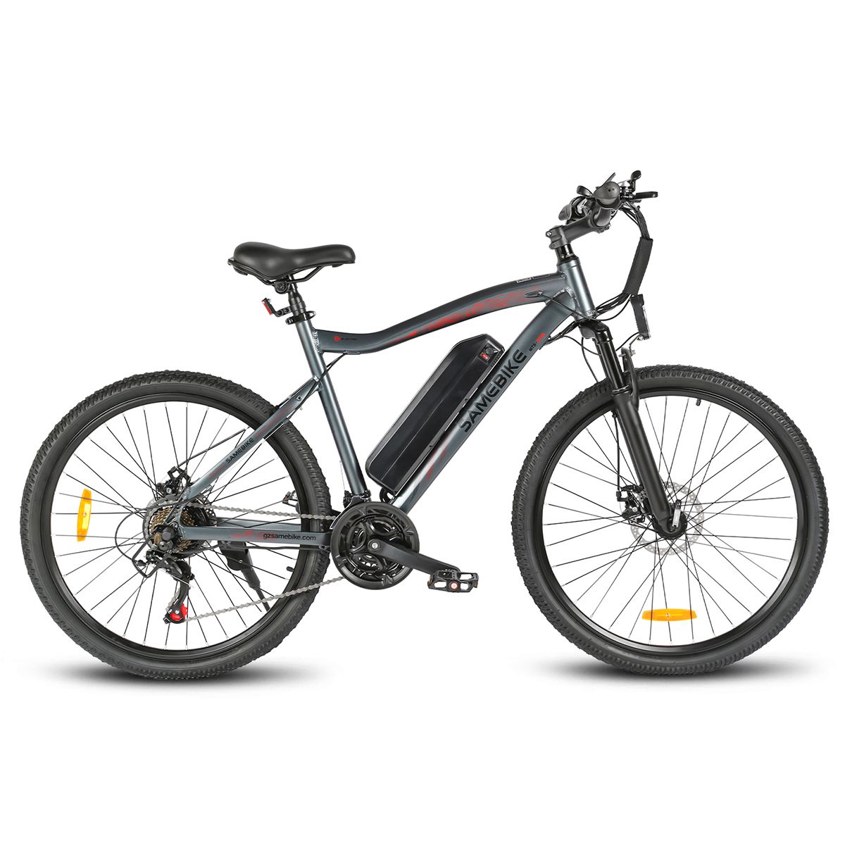 Graues E-Bike mit schwarzen Reifen und Sattel. Akku und Marke SAMEBIKE sichtbar. Gelbe Reflektoren an den Rädern.