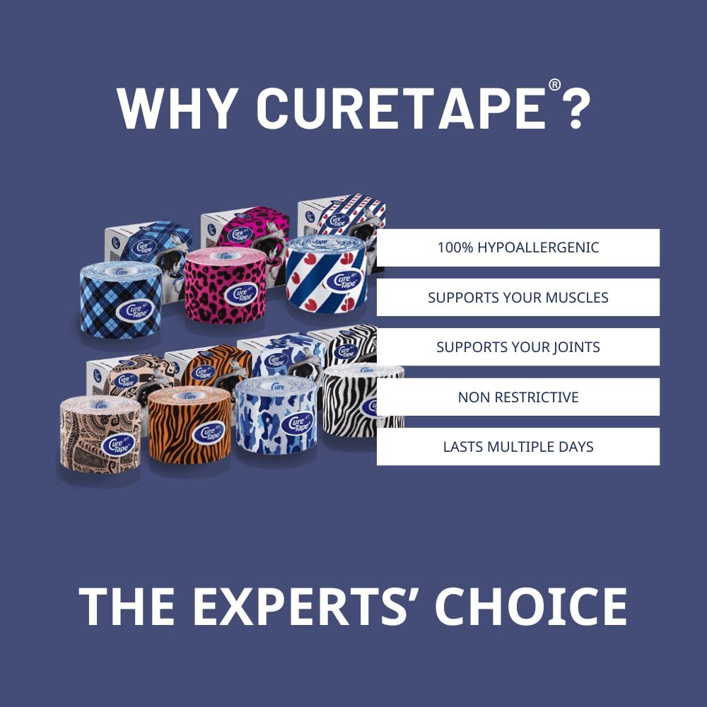 Verschiedene CureTape-Rollen mit verschiedenen Mustern. Text: 100% hypoallergen, unterstützt Muskeln und Gelenke, nicht einschränkend, hält mehrere Tage.