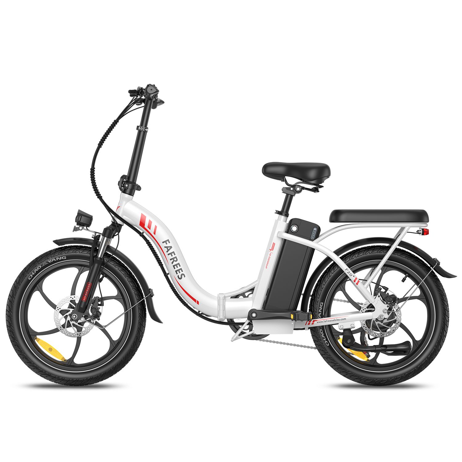 Faltbares E-Bike, weiß mit roten Akzenten. Schwarze Reifen, Sattel und Lenker. Marke FAFREES.