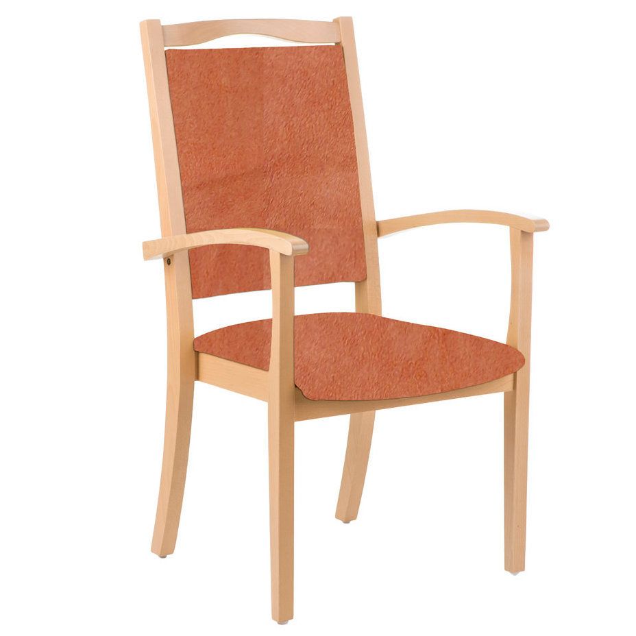 Seniorenstuhl mit Armlehnen. Holzrahmen, orangefarbener Stoffbezug.