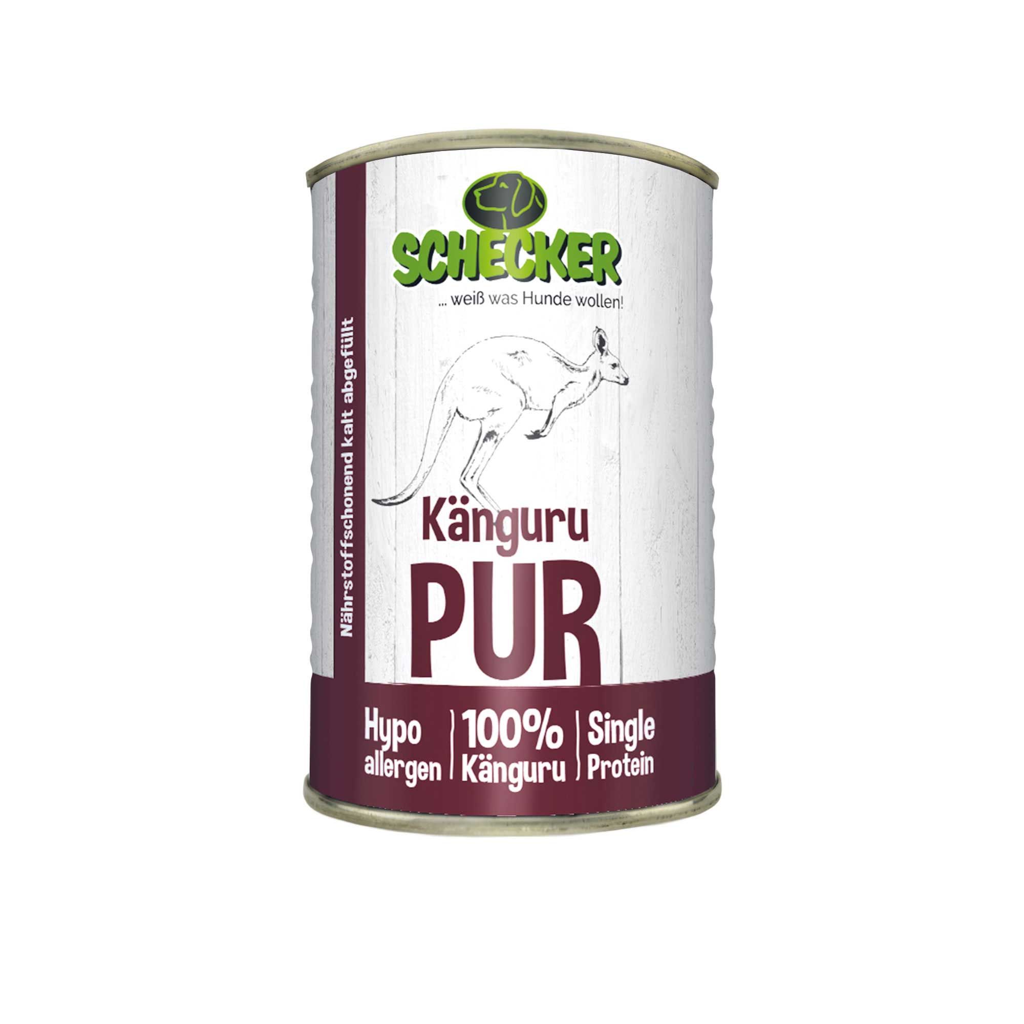 Konservendose mit Etikett. Aufschrift: Känguru PUR, 100% Single Protein, hypoallergen. Marke: Schecker.