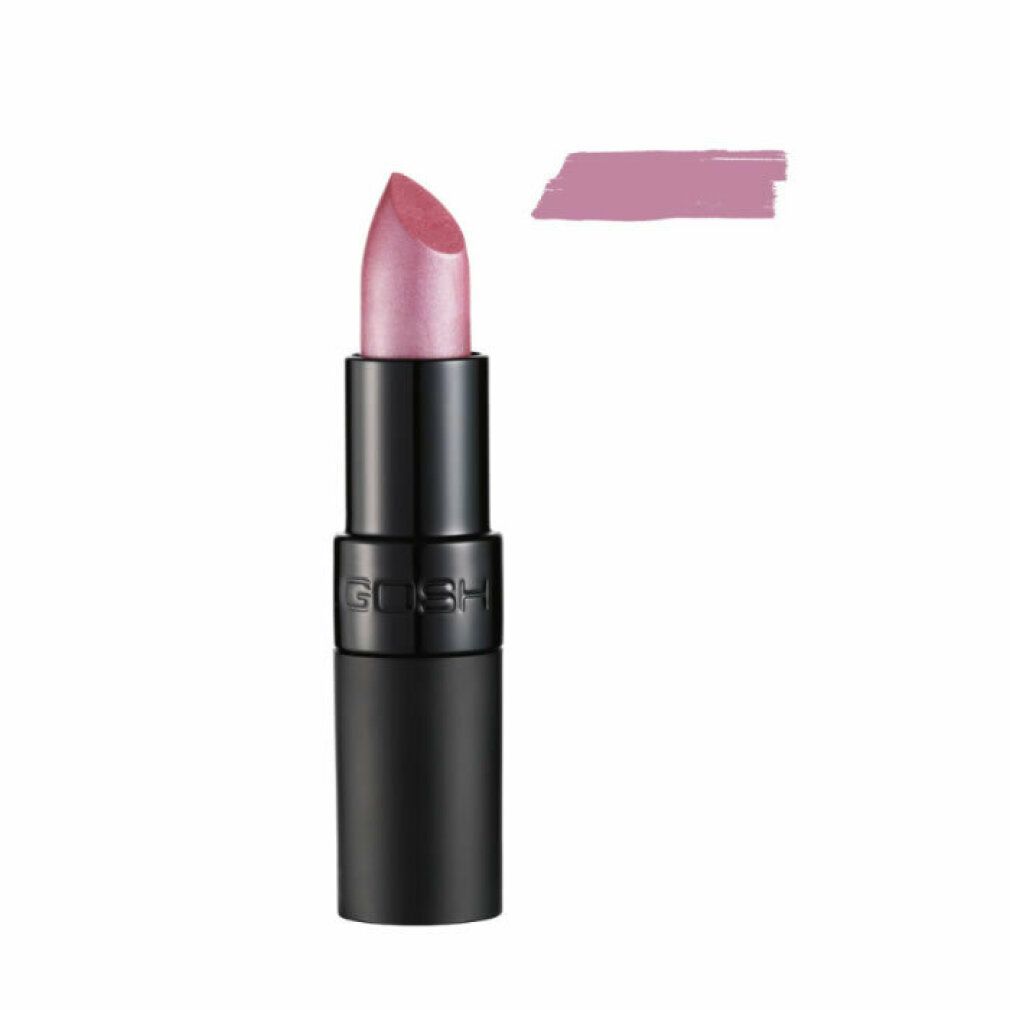 Gosh Velvet Touch Lippenstift 131 Amethyst. Schwarzer Stift, rosa Lippenstiftspitze und Farbmuster. Gosh-Logo.