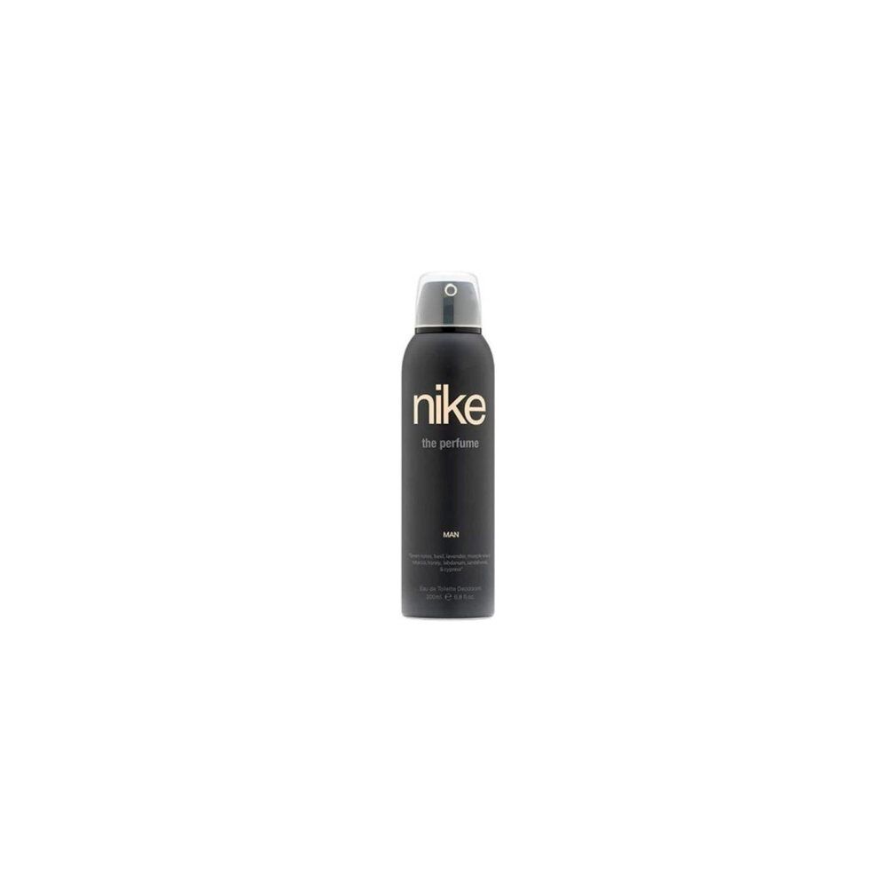Schwarze Deodorant-Spraydose mit weißem "nike the perfume"-Logo. Text: "MAN", Inhaltsstoffe, "Eau de Toilette Deodorant".