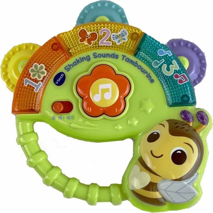 Grünes Tamburin mit bunten Segmenten. Aufschrift: VTech Shaking Sounds Tambourine. Mit Biene-Design.