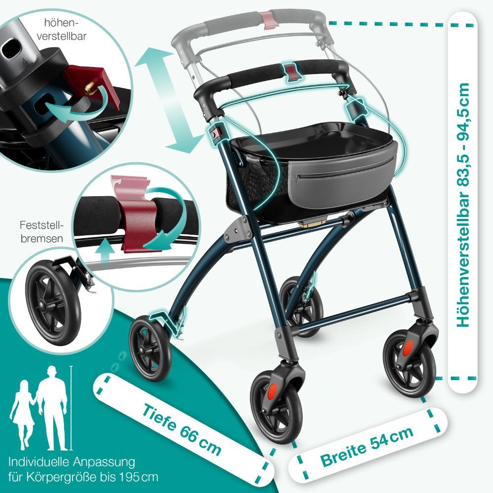 Rollator mit verstellbarer Höhe und Breite. Maße: Tiefe 66 cm, Breite 54 cm. Höhenverstellbar 83,5-94,5 cm.