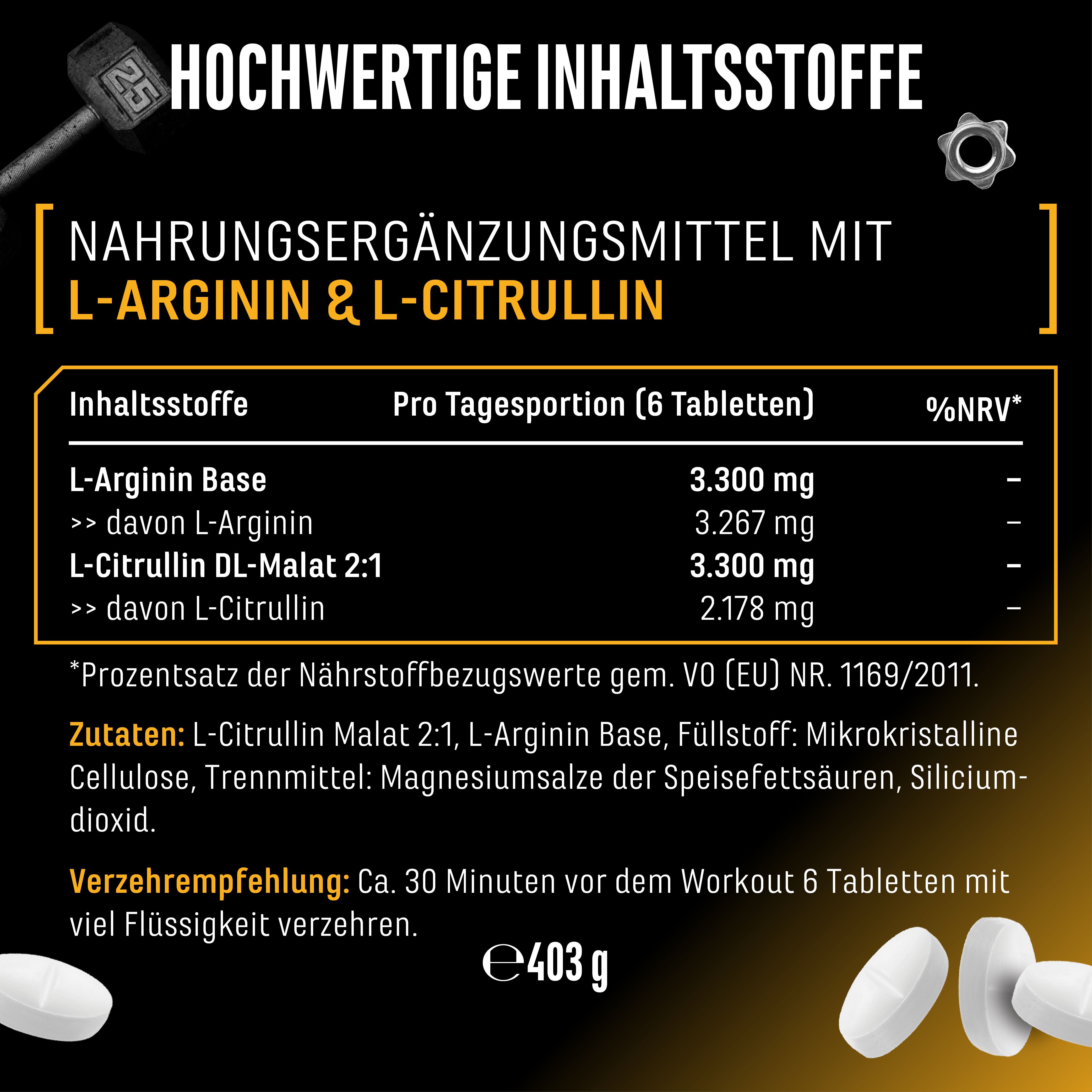 Nahrungsergänzungsmittel mit L-Arginin & L-Citrullin. Inhaltsstoffe und Nährwertangaben. Verzehrempfehlung: 6 Tabletten vor dem Workout.