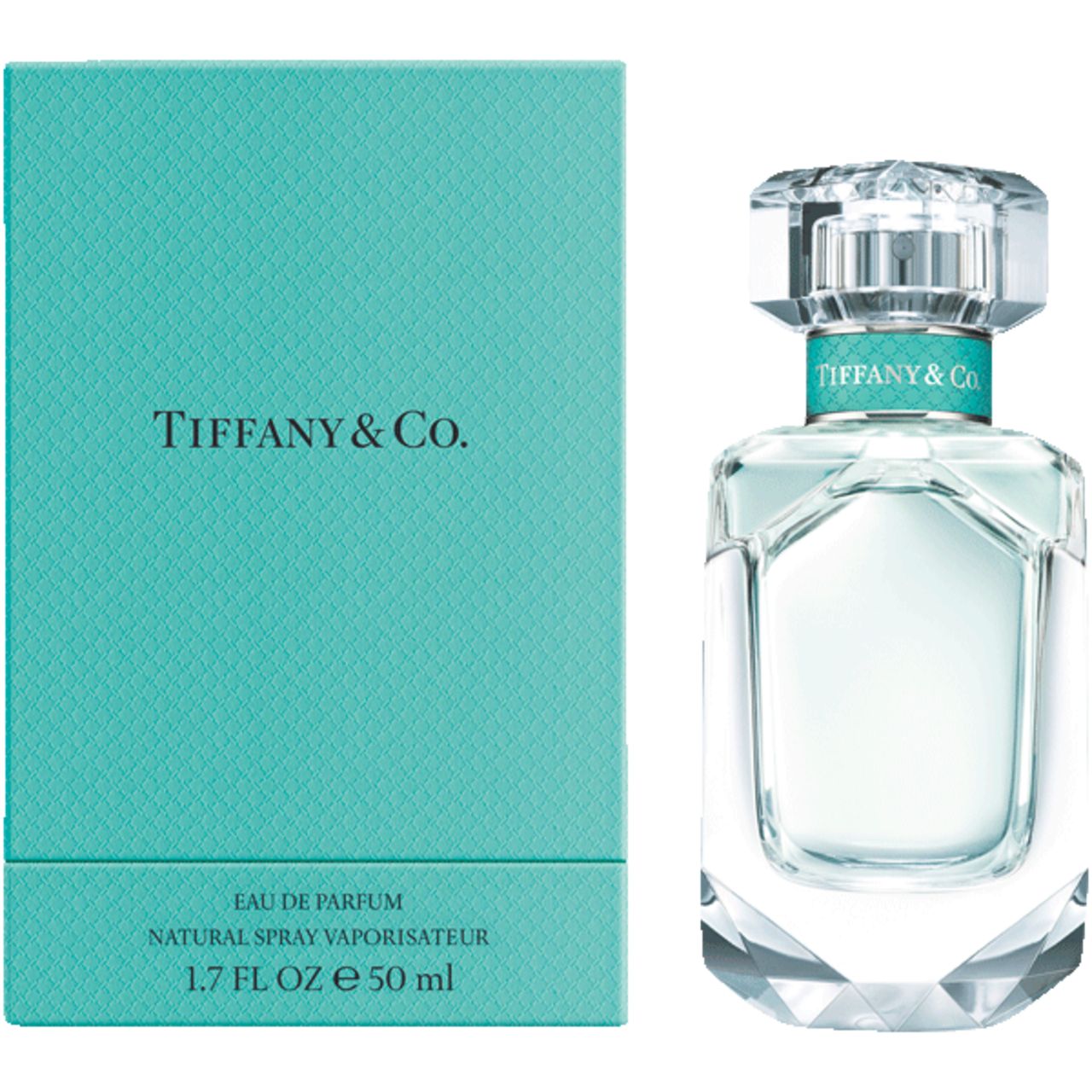 Tiffany & Co. Flakon und Schachtel. Flakon mit facettiertem Boden und Deckel. Türkisfarbene Schachtel mit Logo.