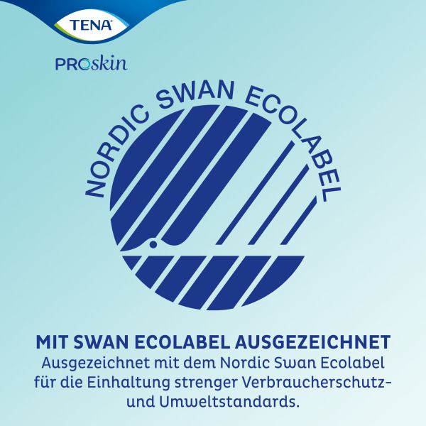 Nordic Swan Ecolabel Logo. Blaues Logo mit Text. Text: Ausgezeichnet mit dem Nordic Swan Ecolabel. Für strenge Umweltstandards.