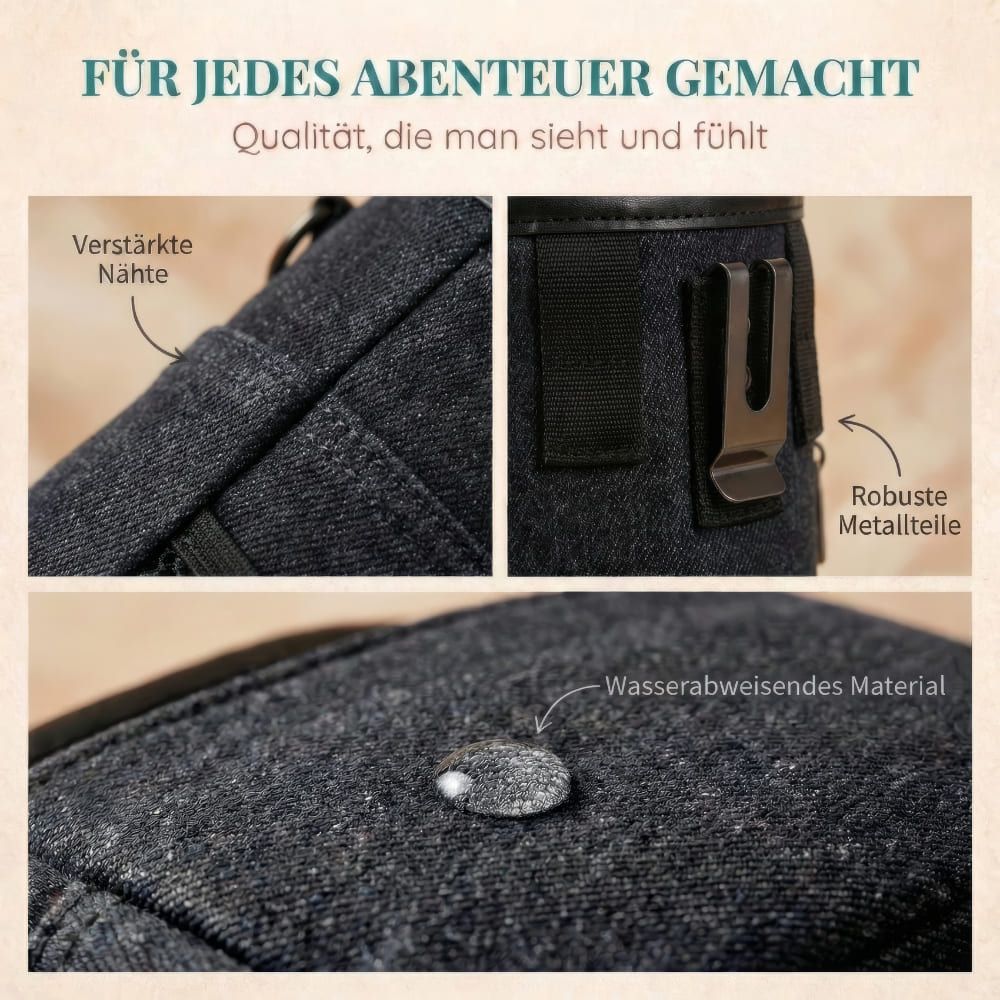 Nahaufnahmen von schwarzem Leckerlibeutel-Material. Verstärkte Nähte, robuste Metallteile und wasserabweisendes Material.