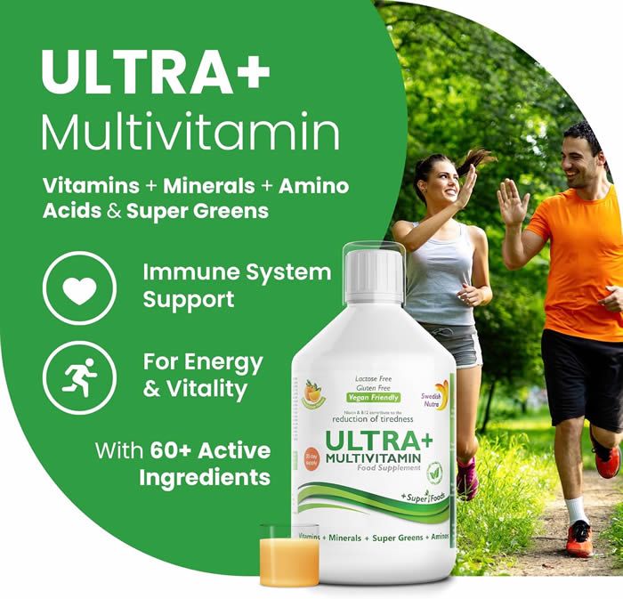 Weißes Flasche Ultra+ Multivitamin. Text: Vitamine, Mineralien, Aminosäuren, Super Greens. Personen joggen im Hintergrund.