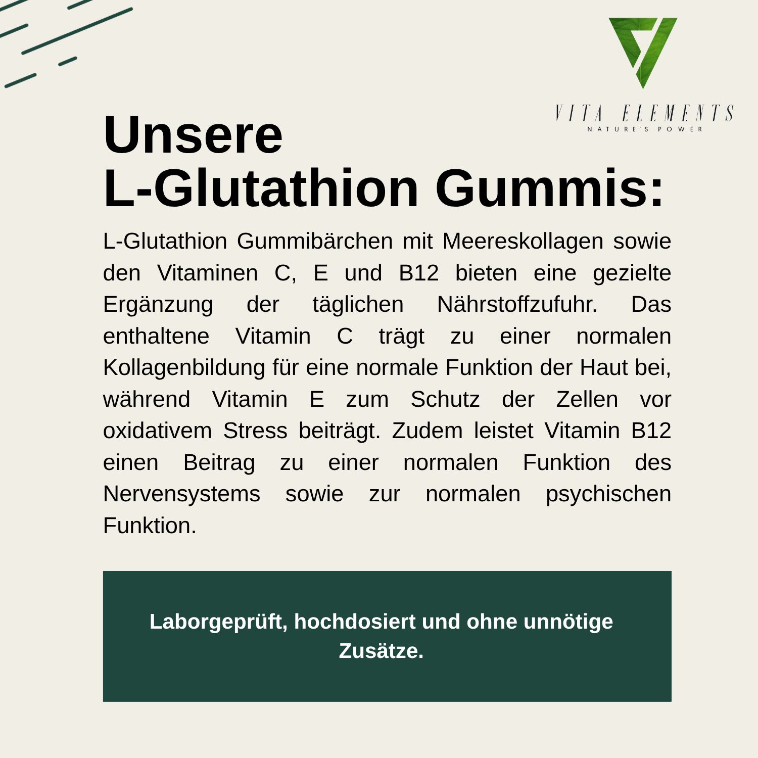 Text über L-Glutathion Gummis von Vita Elements mit Vitaminen C, E, B12 und Meereskollagen.