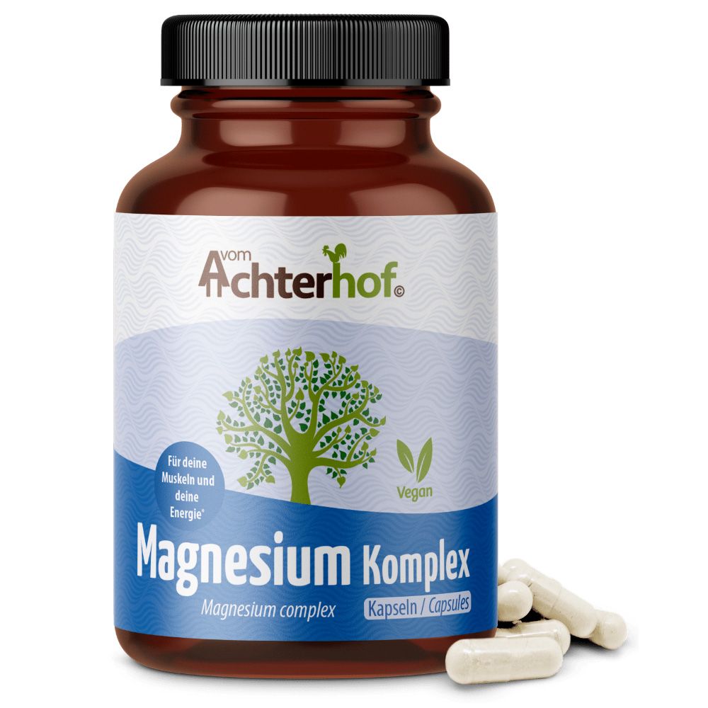 Braune Flasche mit schwarzem Deckel. Aufschrift: Achterhof, Magnesium Komplex, Vegan. Kapseln liegen daneben.