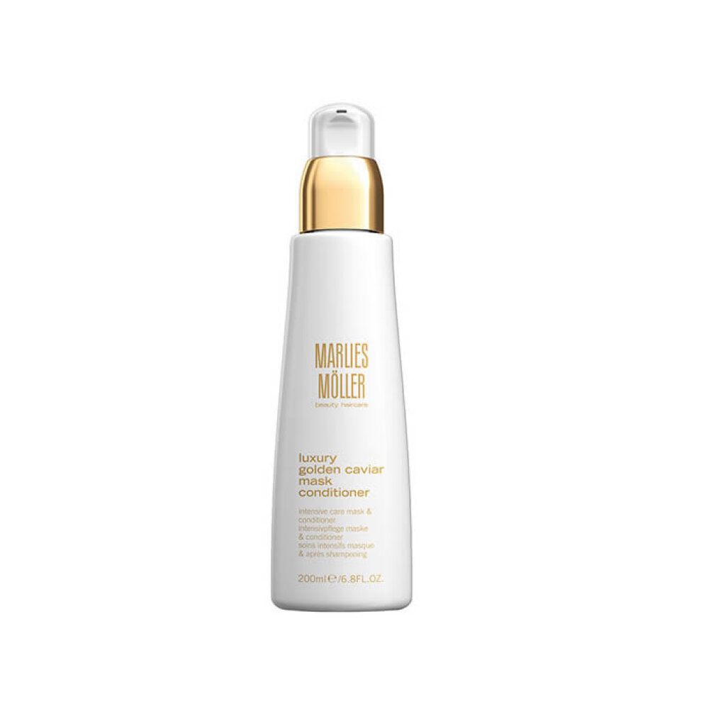 Weiße Flasche mit goldenem Deckel. Aufschrift: Marlies Möller, Luxury Golden Caviar Mask Conditioner. 200ml/6.8FL.OZ.