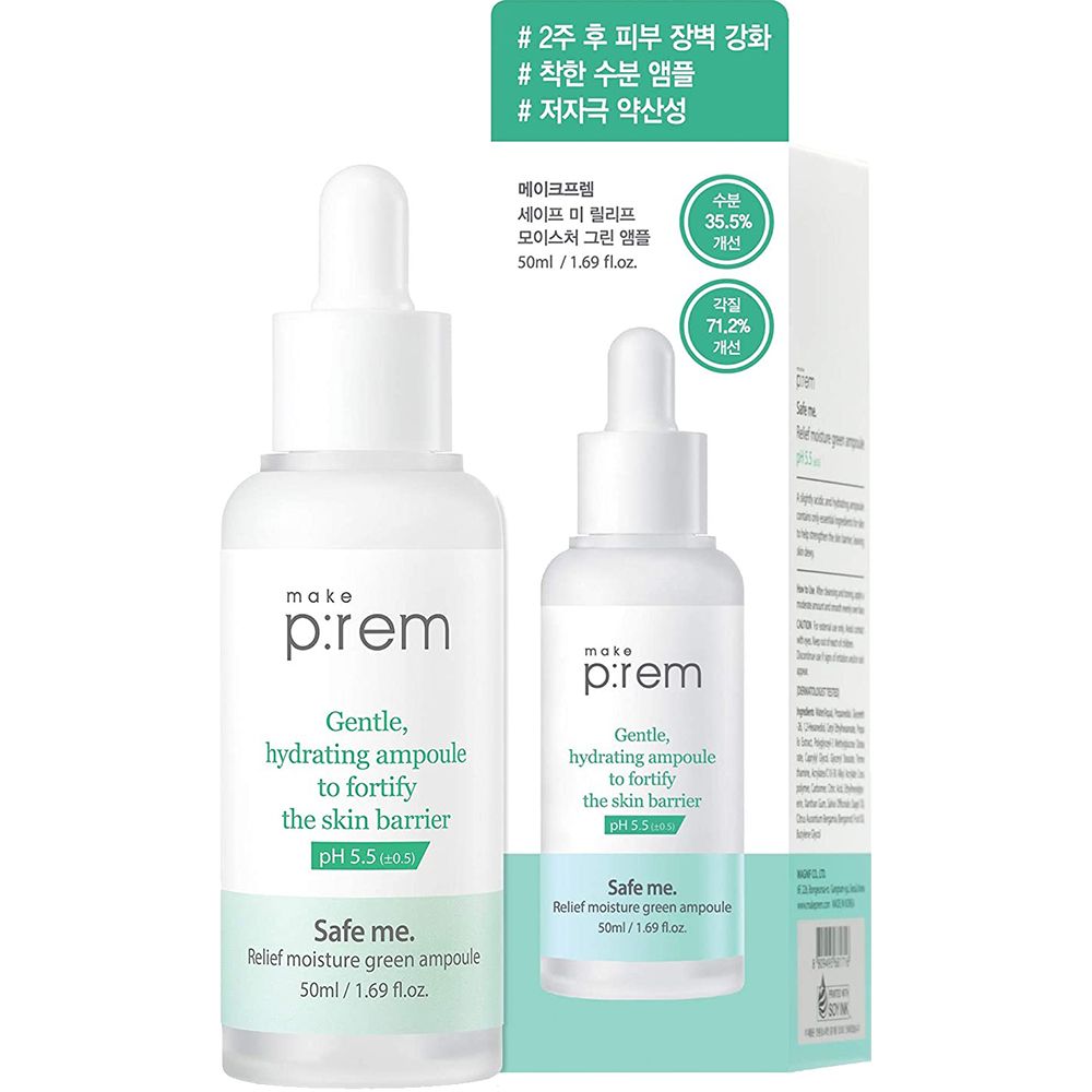 Zwei Flaschen mit Pipetten und Verpackung. Aufschrift: make p:rem, Gentle, hydrating ampoule to fortify the skin barrier, pH 5.5, Safe me.