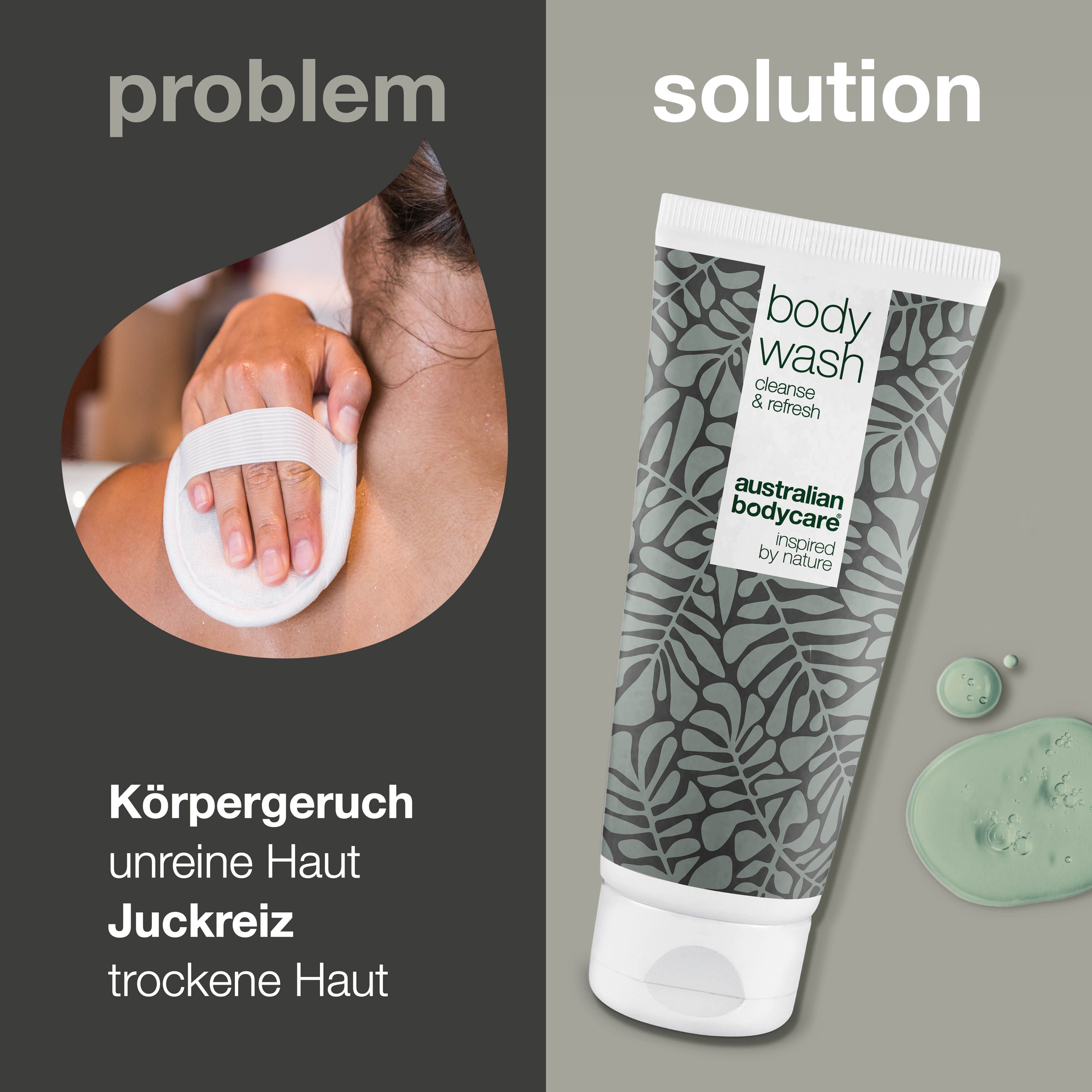 Tube mit „body wash“ und „australian bodycare“ Aufdruck. Text: „Körpergeruch, unreine Haut, Juckreiz, trockene Haut“.