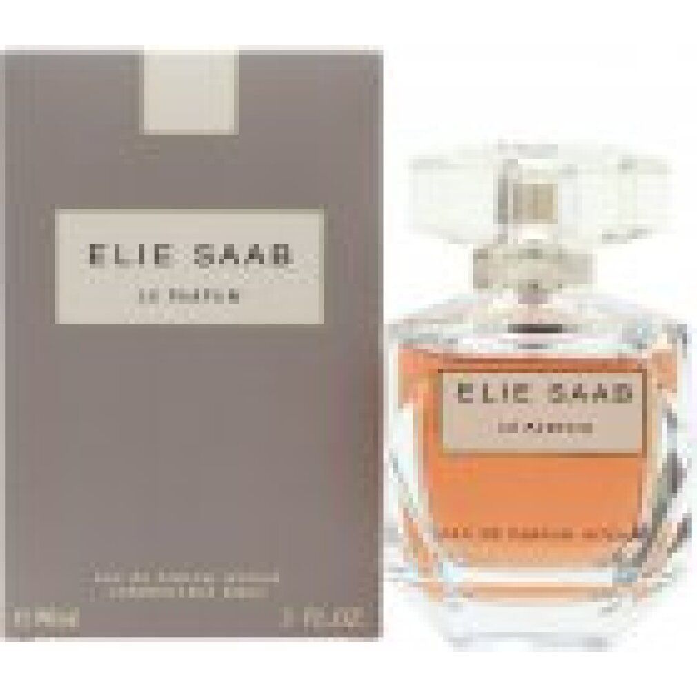 Graue Verpackung neben einer Parfümflasche. Aufschrift: ELIE SAAB LE PARFUM. Flasche: transparent, eckig, mit goldfarbenem Verschluss.