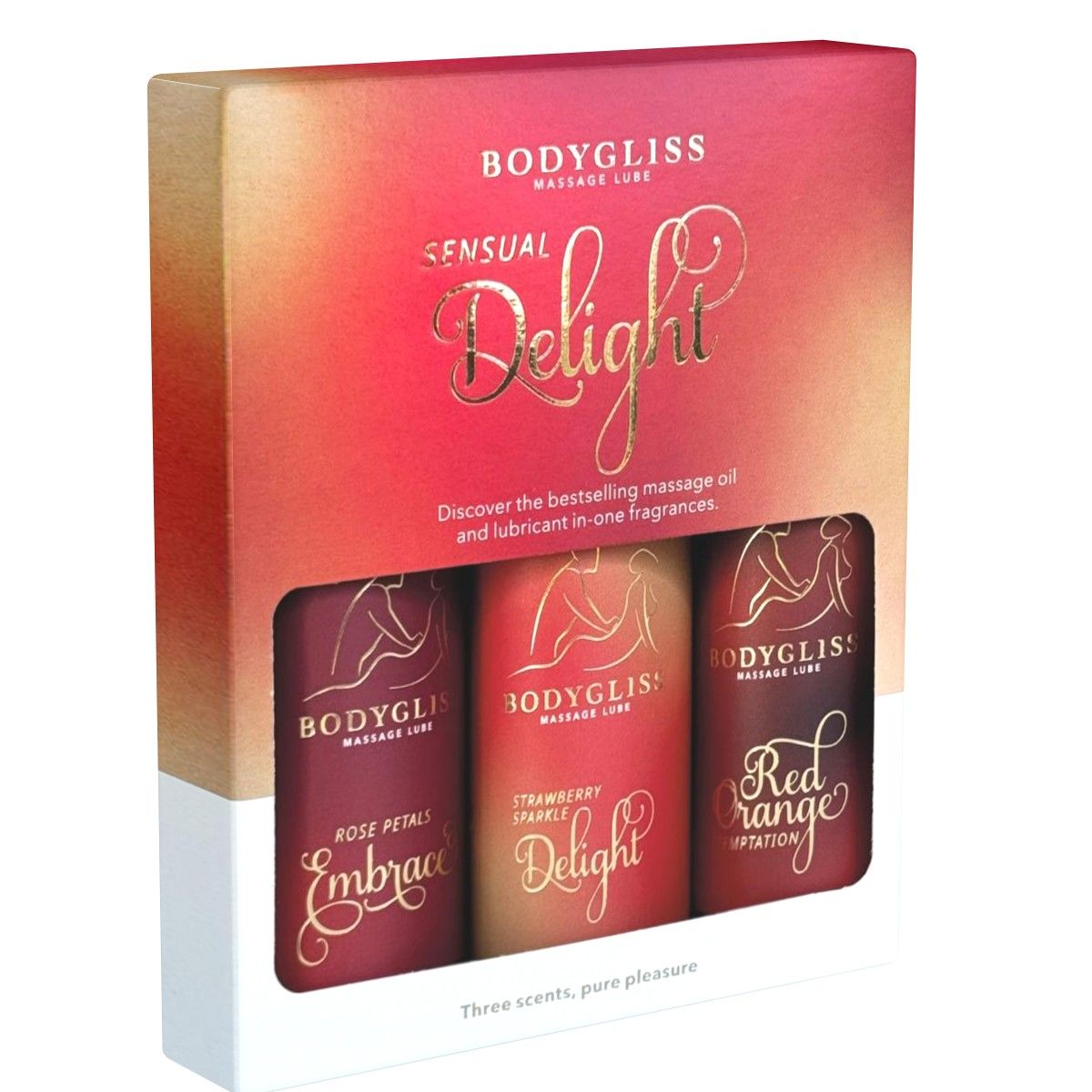Geschenkbox mit drei Flaschen. Aufschrift: Bodygliss, Sensual Delight. Aromen: Rose, Erdbeere, rote Orange. Text: Drei Düfte, reines Vergnügen.