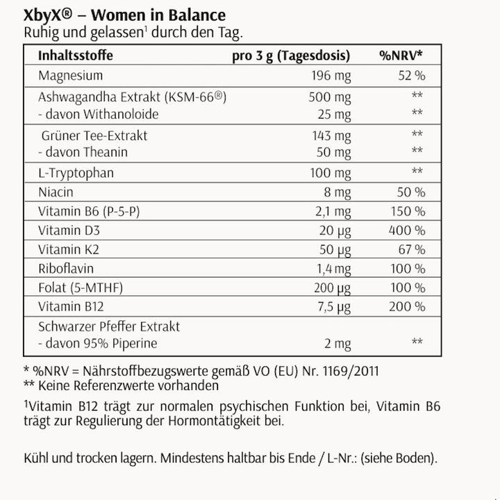 Nährwerttabelle des Produkts Ganz Gelassen. Enthält Informationen zu Inhaltsstoffen wie Magnesium, Ashwagandha, Theanin.