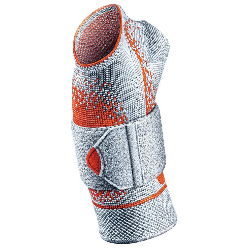 Sporlastic Manudyn Supreme Handgelenkbandage in Platin. Gestrickte Bandage mit Klettverschluss und orangen Akzenten.