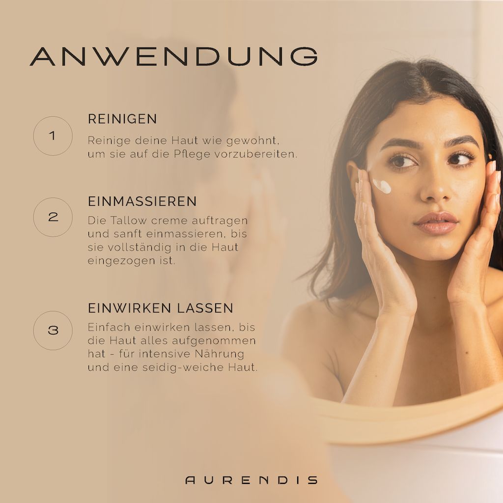 Frau trägt Creme auf ihr Gesicht auf. Spiegelbild zeigt die Anwendungsschritte.