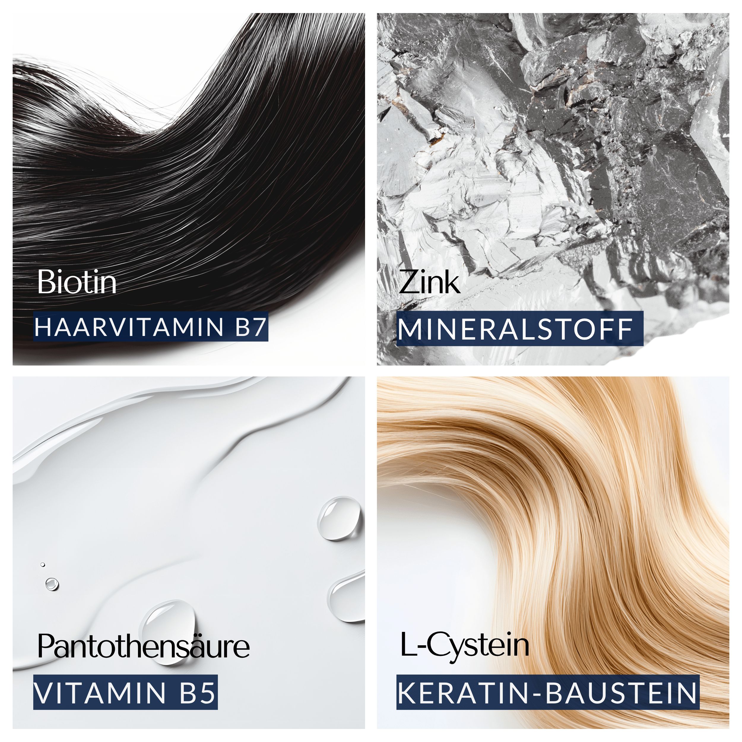 Biotin, Zink, Pantothensäure und L-Cystein. Bestandteile für gesundes Haar. Verschiedene Texturen und Farben.