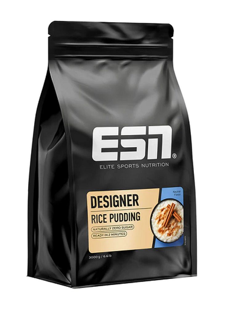 ESN Designer Rice Pudding. Schwarze Verpackung. Produktname und Logo deutlich sichtbar. Abbildung von Reis-Pudding mit Zimtstangen.
