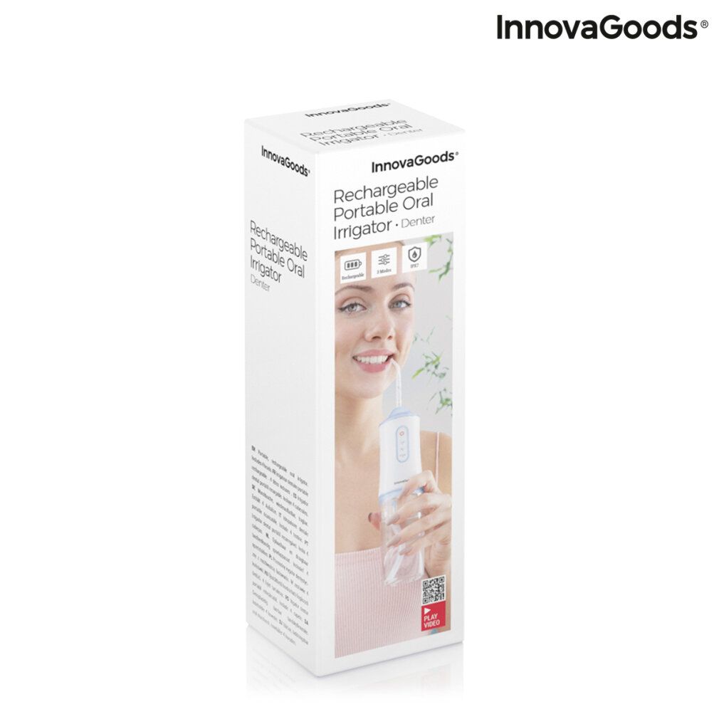 Verpackung der tragbaren Munddusche. Produktabbildung und Produktname. InnovaGoods Logo.