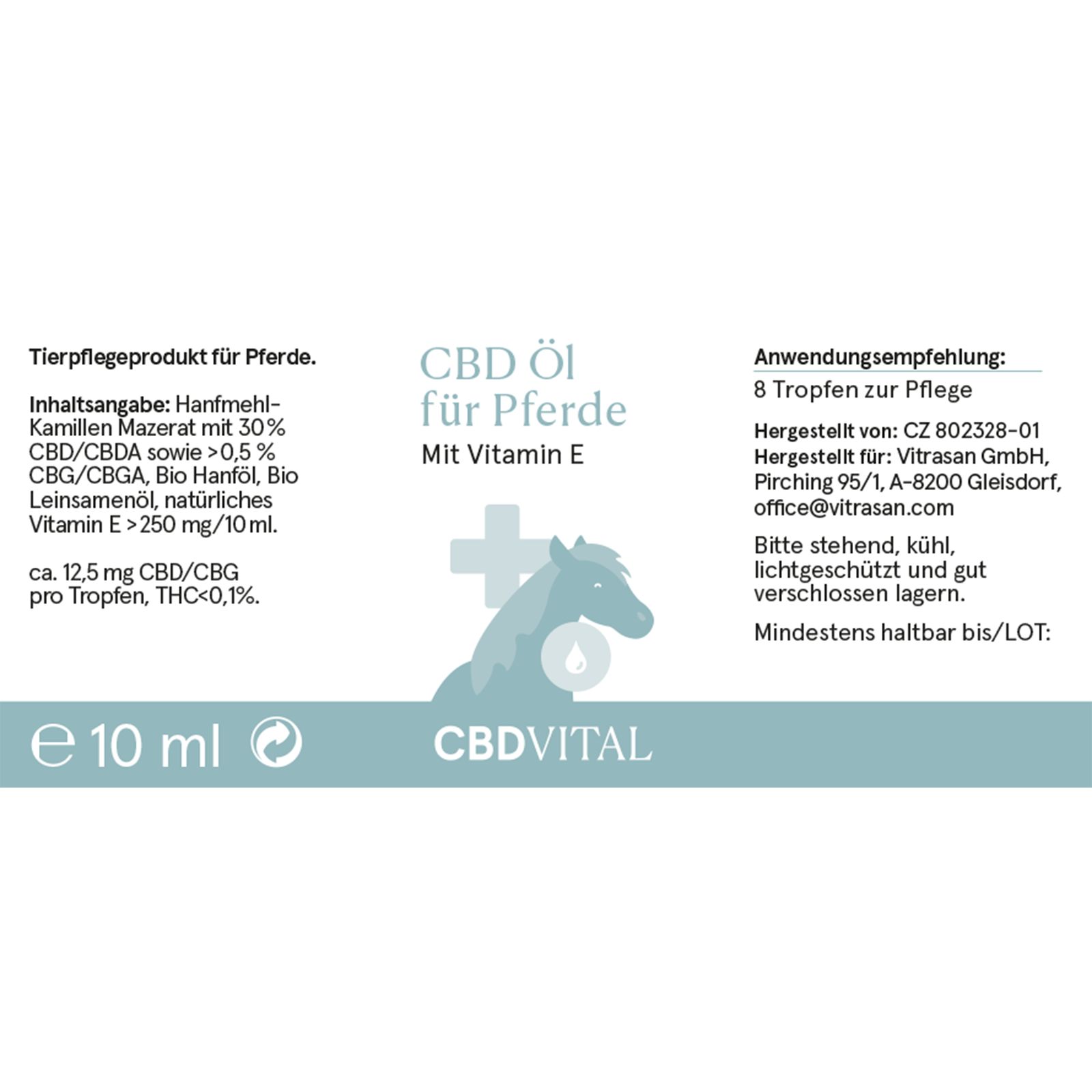 Etikett CBD Öl für Pferde. Text: 10 ml, CBD Öl für Pferde, Mit Vitamin E, CBDVITAL. Inhaltsangabe, Anwendungsempfehlung.