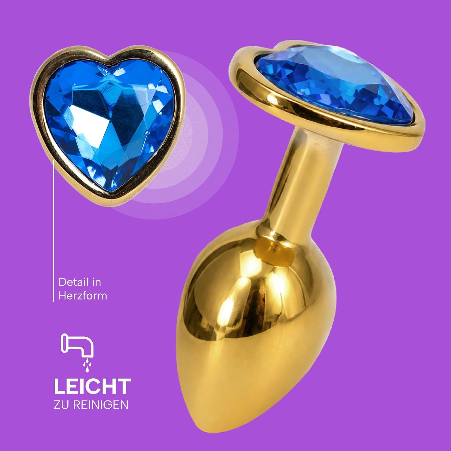 Goldener Butt Plug mit Herz-Basis und blauem Kristall.